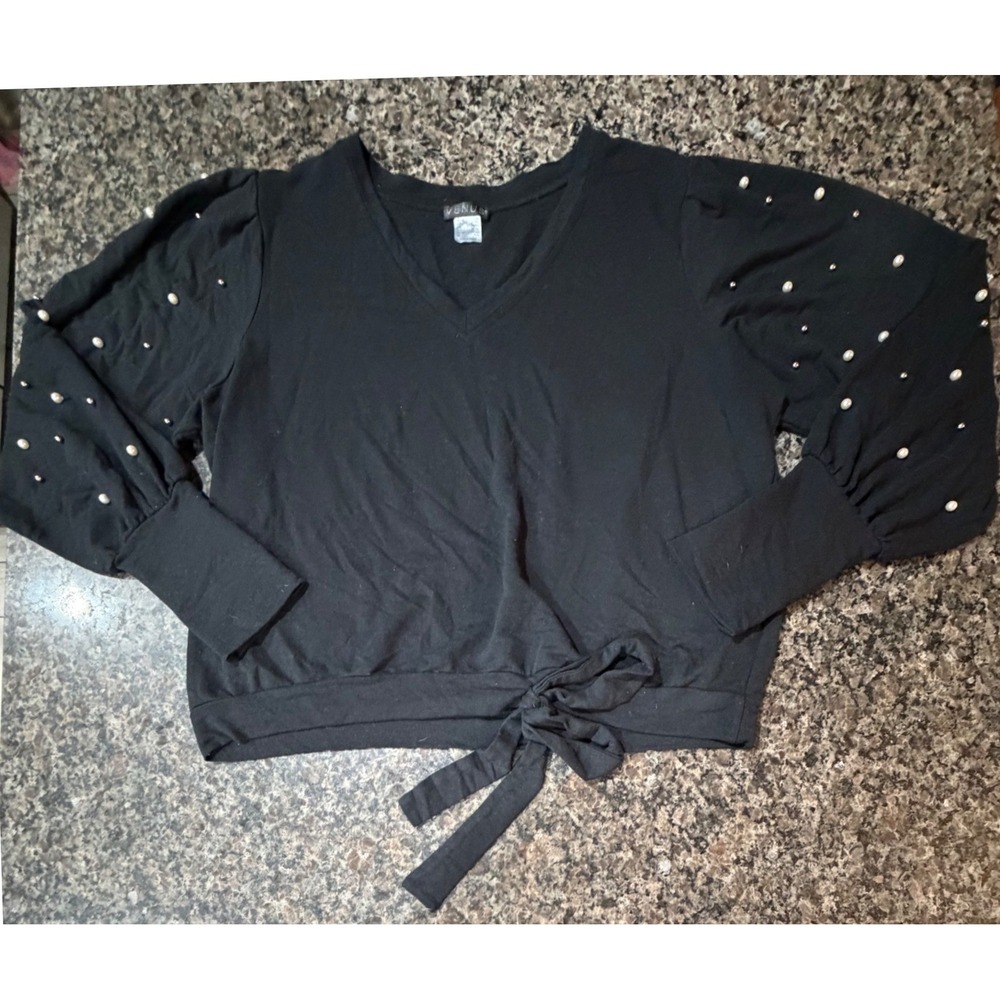 Venus Black Pearl Embellished V-Neck Tie Front Puff Sleeve Top Plus Size 1X